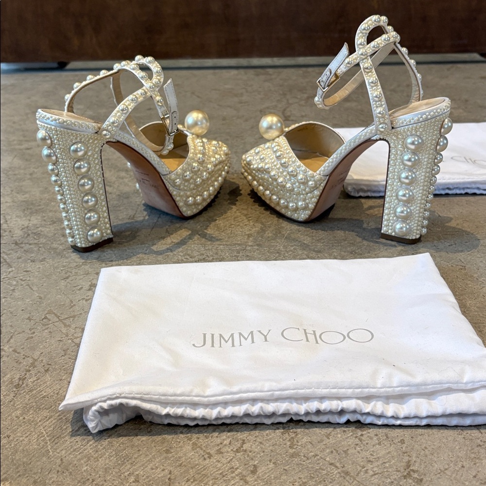 Jimmy Choo Pearl-Studded Ivory Heels - Picture 13 of 14